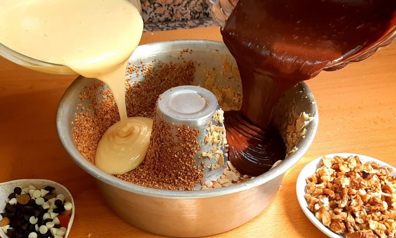 كيكة عائلية منفوخة بمذاقين بالزنجلان الشوكولا واللوز