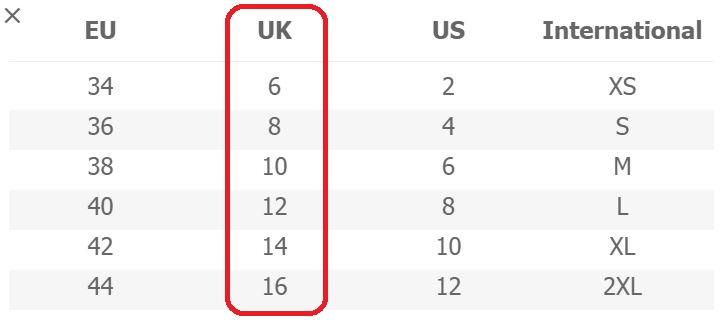 جدول مقاسات الملابس uk